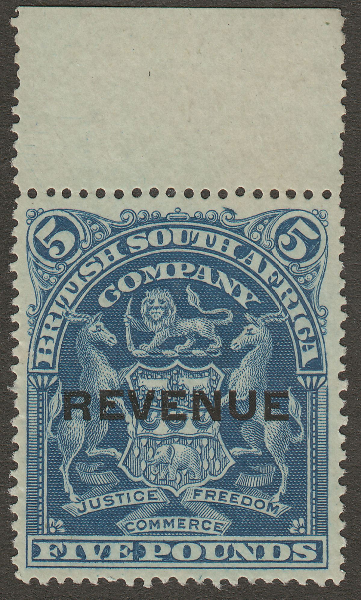 Rhodesia BSAC 1907 Revenue Overprint £5 Blue top marginal Unused Fiscal