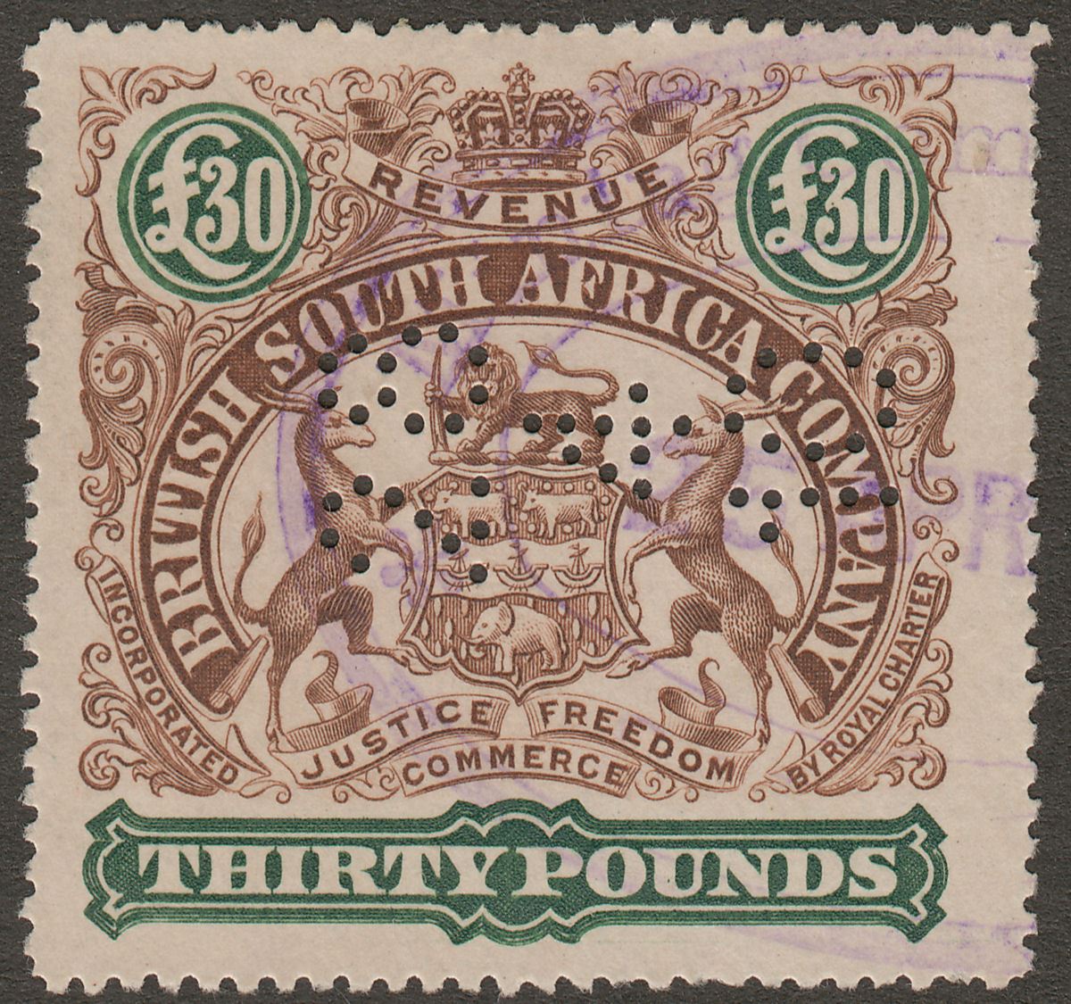 Rhodesia BSAC 1897 Revenue Arms £30 Brown and Green Used with Date perfin BF11a