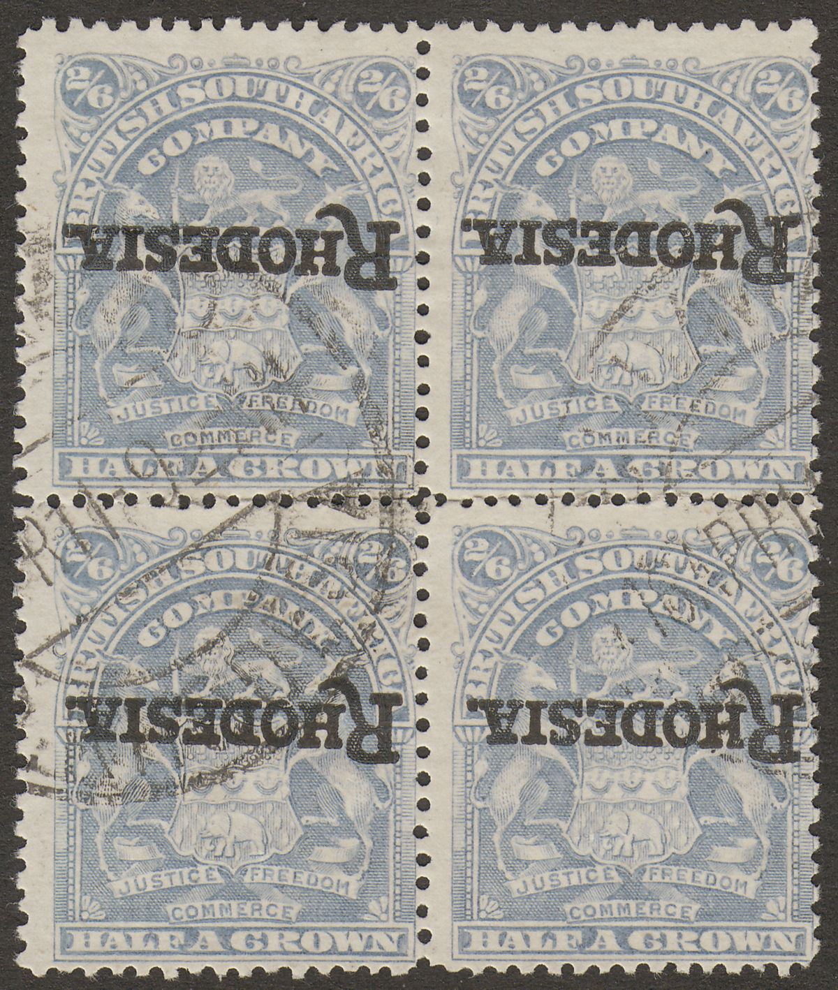 Rhodesia 1909 KEVII Mono Arms 2sh6d Overprint Inverted Block Used SG108b cat £96