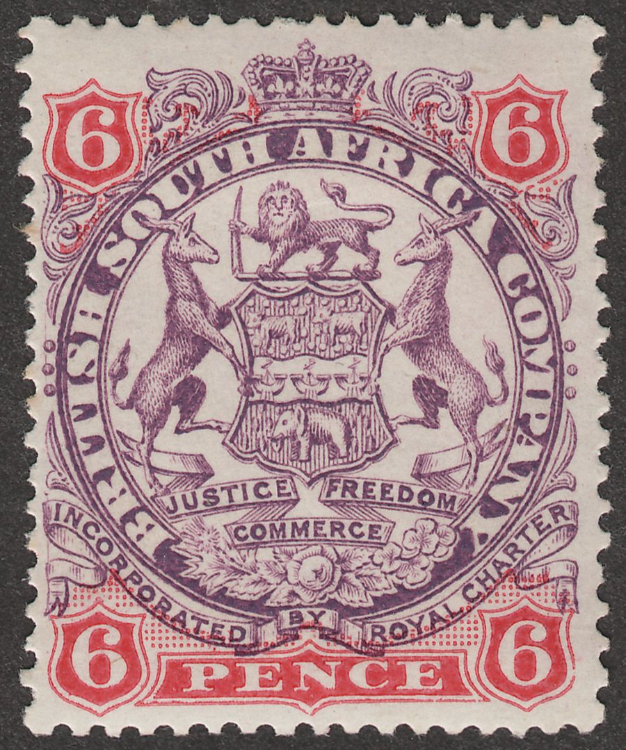 Rhodesia 1896 QV BSAC Large Arms 6d Mauve and Rose Mint SG46