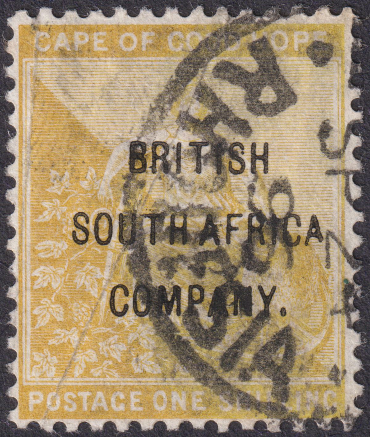 Rhodesia 1896 QV BSAC COGH Overprint 1sh Yellow-Ochre Used SG64 cat £150 CREASE
