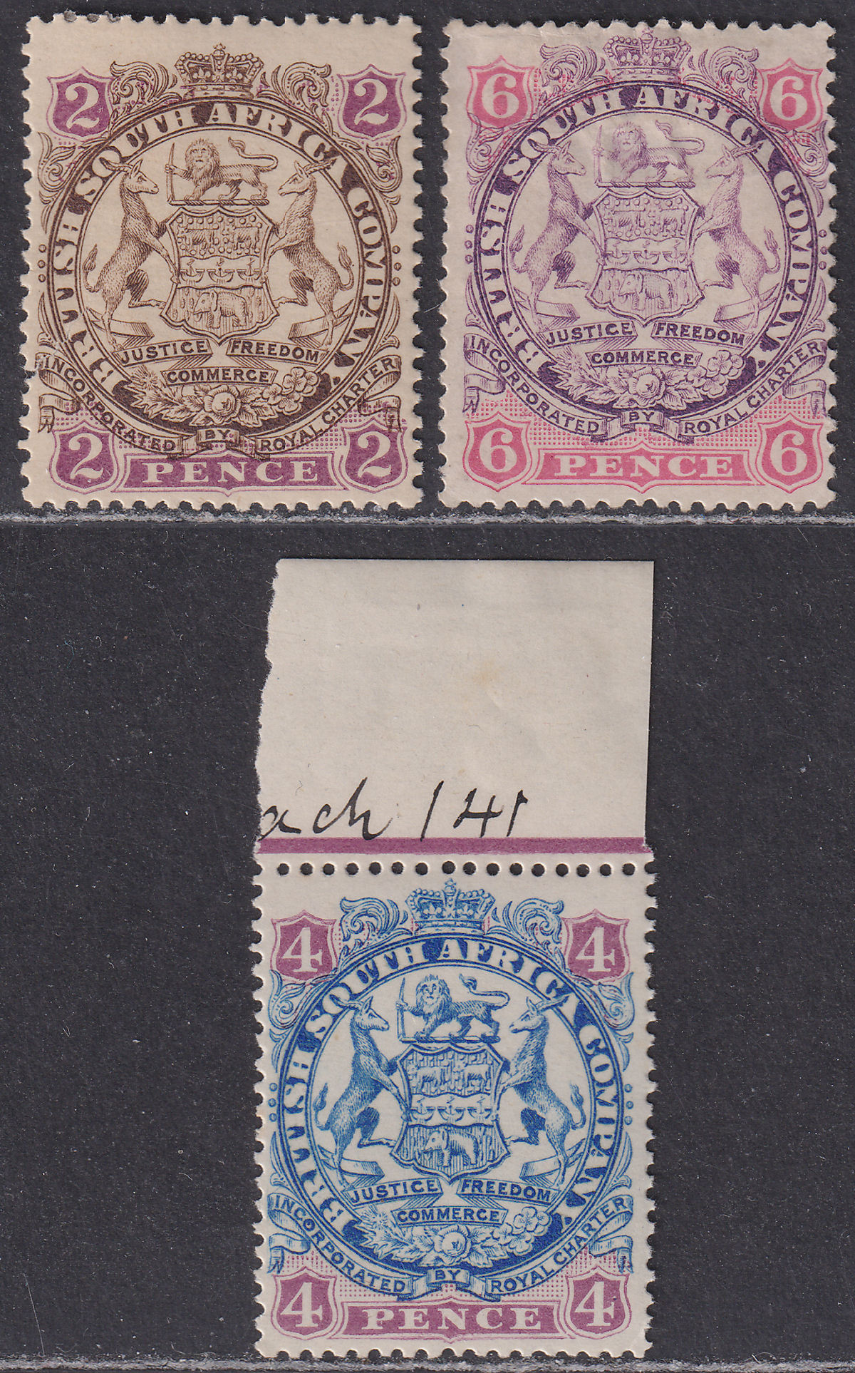 Rhodesia 1896 QV BSAC Large Arms Die I 2d 6d Die II 4d Mint ALL FAULT SPACEFILLS