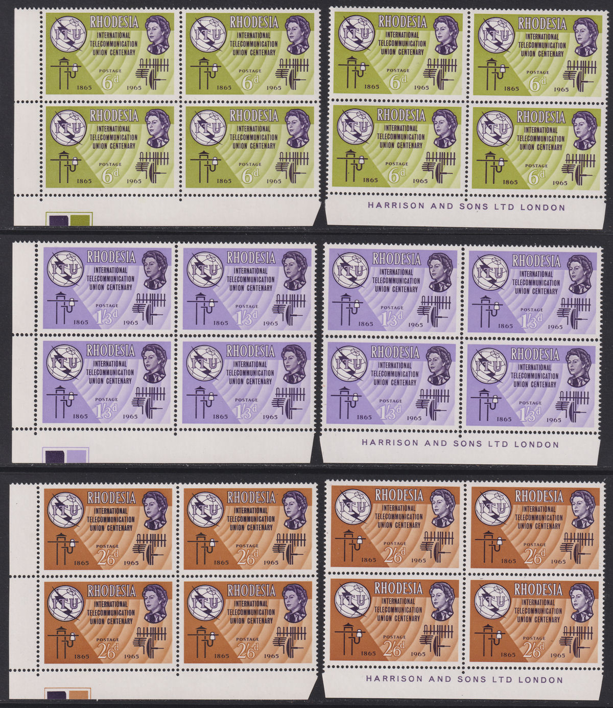 Rhodesia 1965 QEII ITU Centenary Imprint Block Sets UM Mint SG351-353 MNH c£68