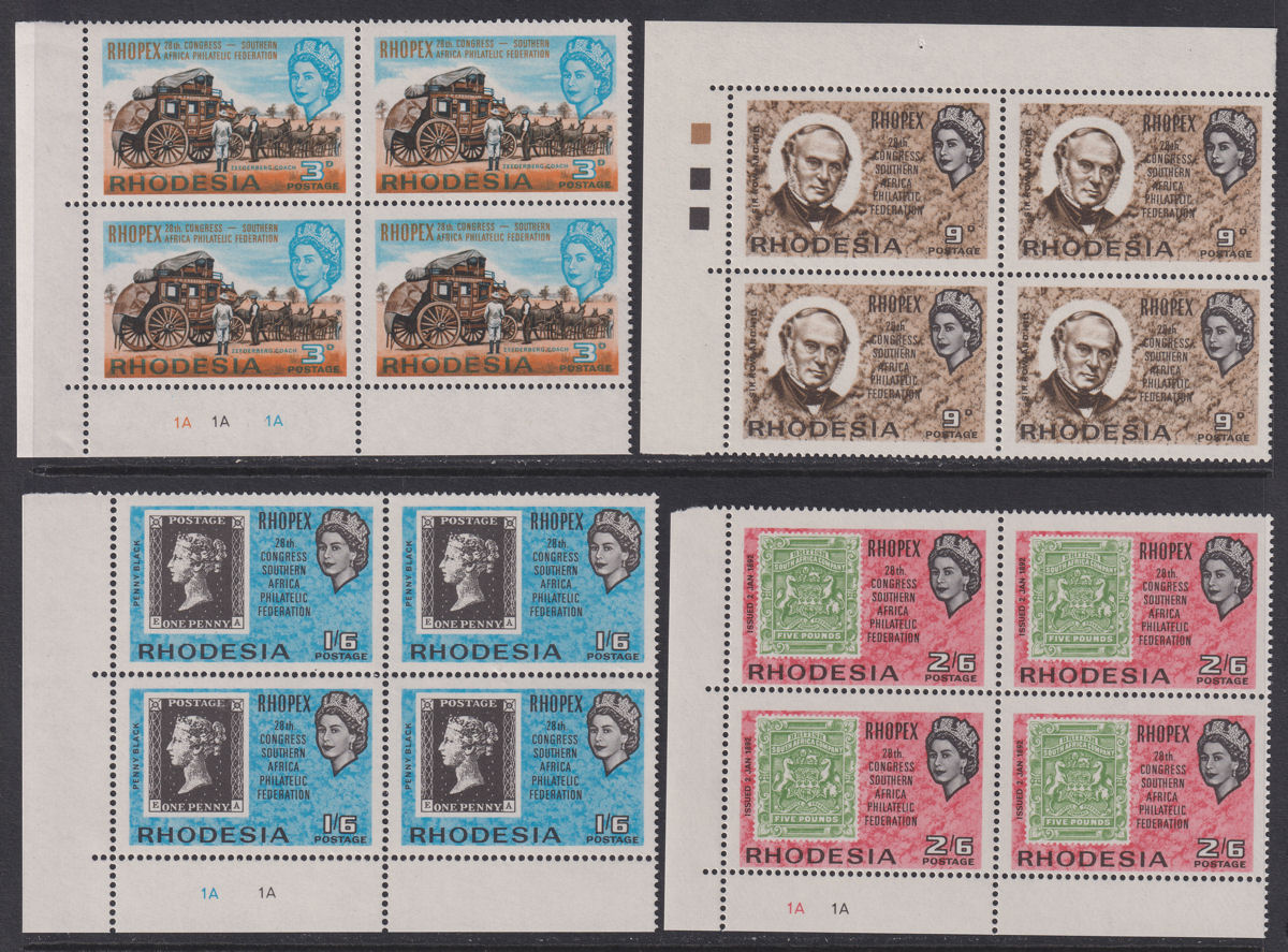 Rhodesia 1966 Rhopex Philatelic Congress Block Set UM Mint SG388-391 most Plt No