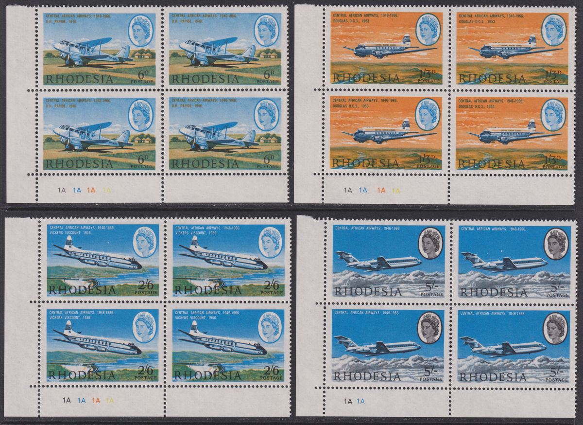 Rhodesia 1966 20th Anniv of Central African Airways Plate Blk Set Mint SG393-396