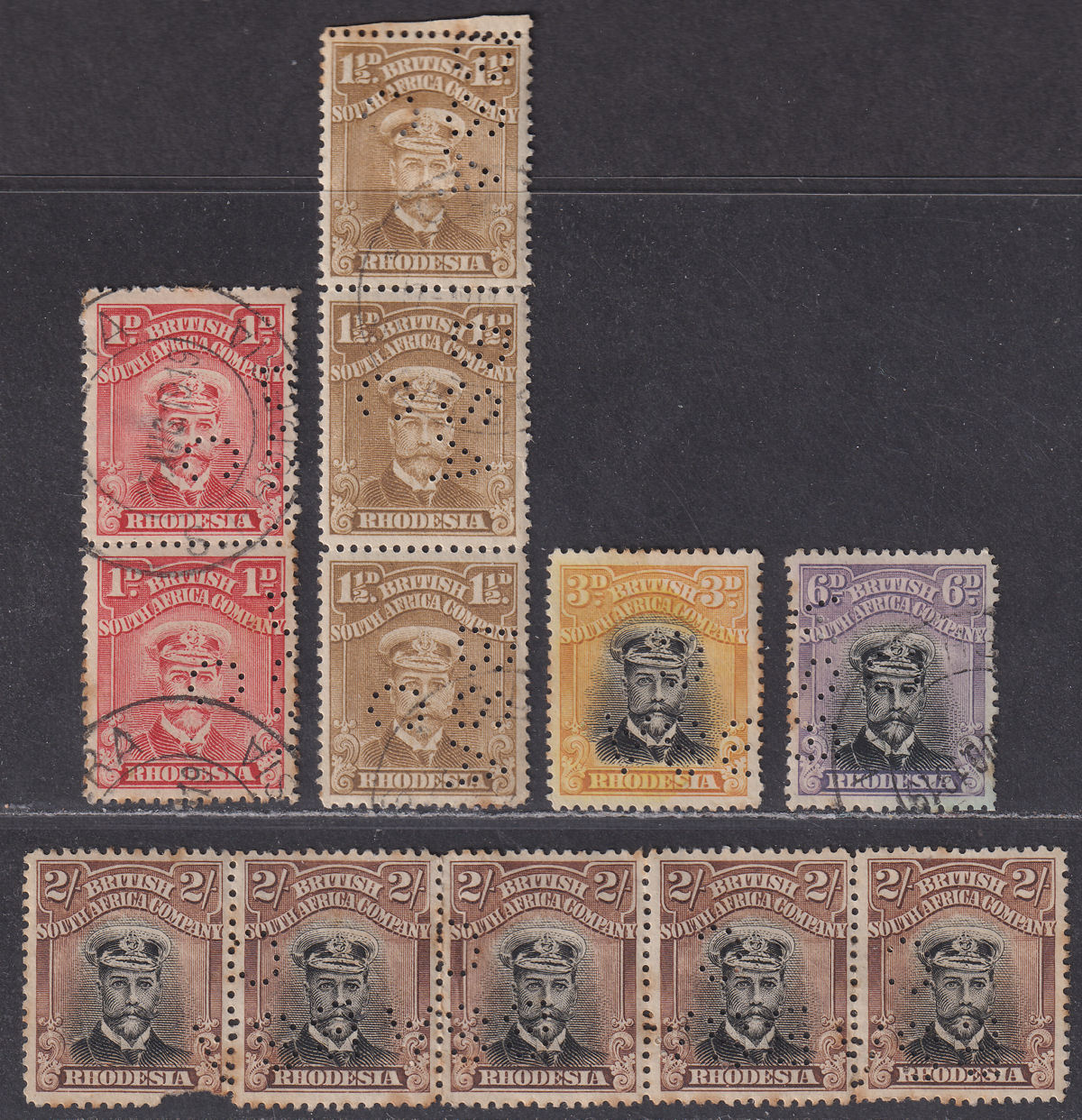 Rhodesia 1913-22 KGV Admiral BSAC Perfin Selection to 2sh Used - FAULTY