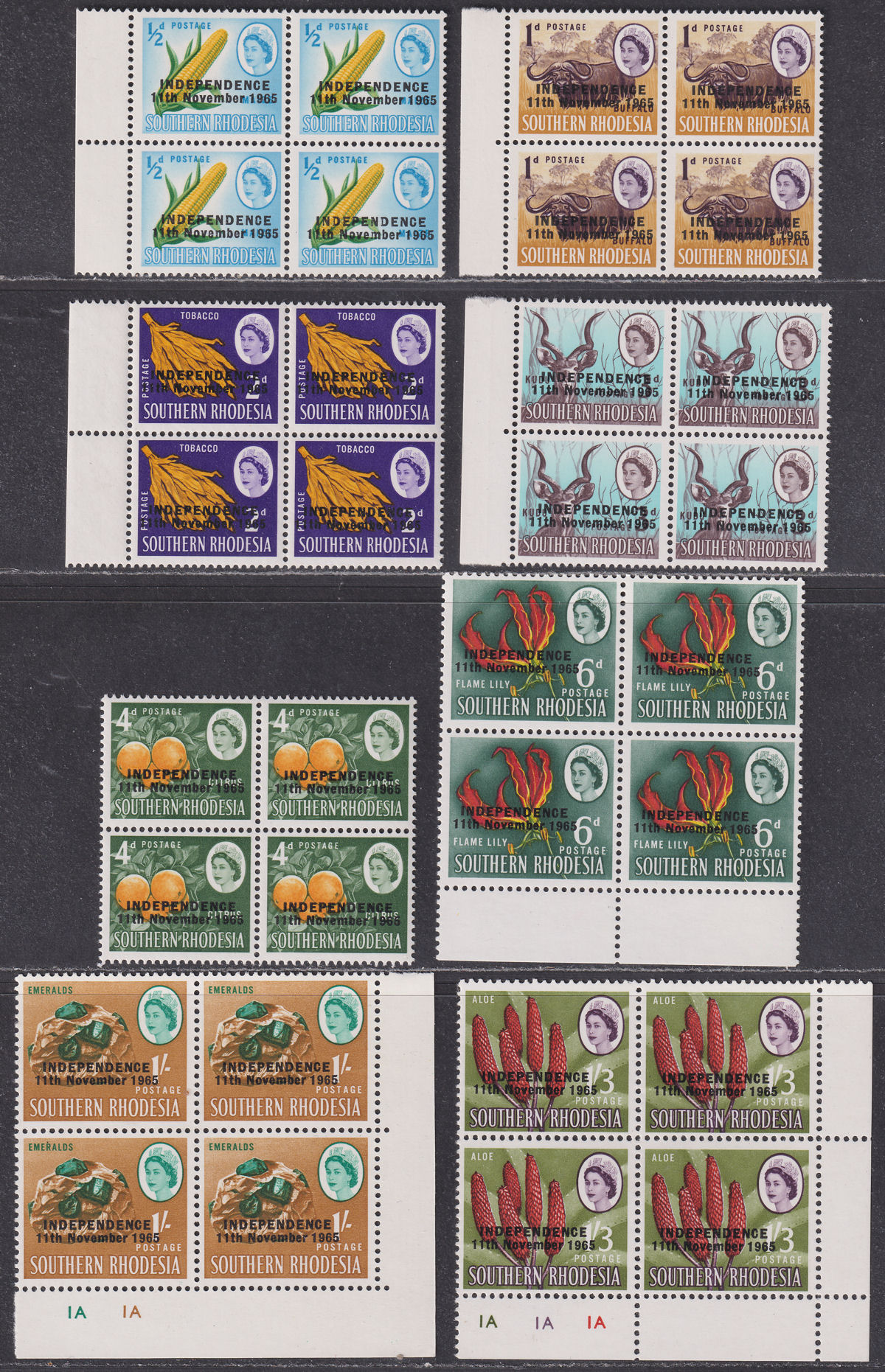 Rhodesia 1966 Independence Overprint Part Block Set to £1 UM Mint