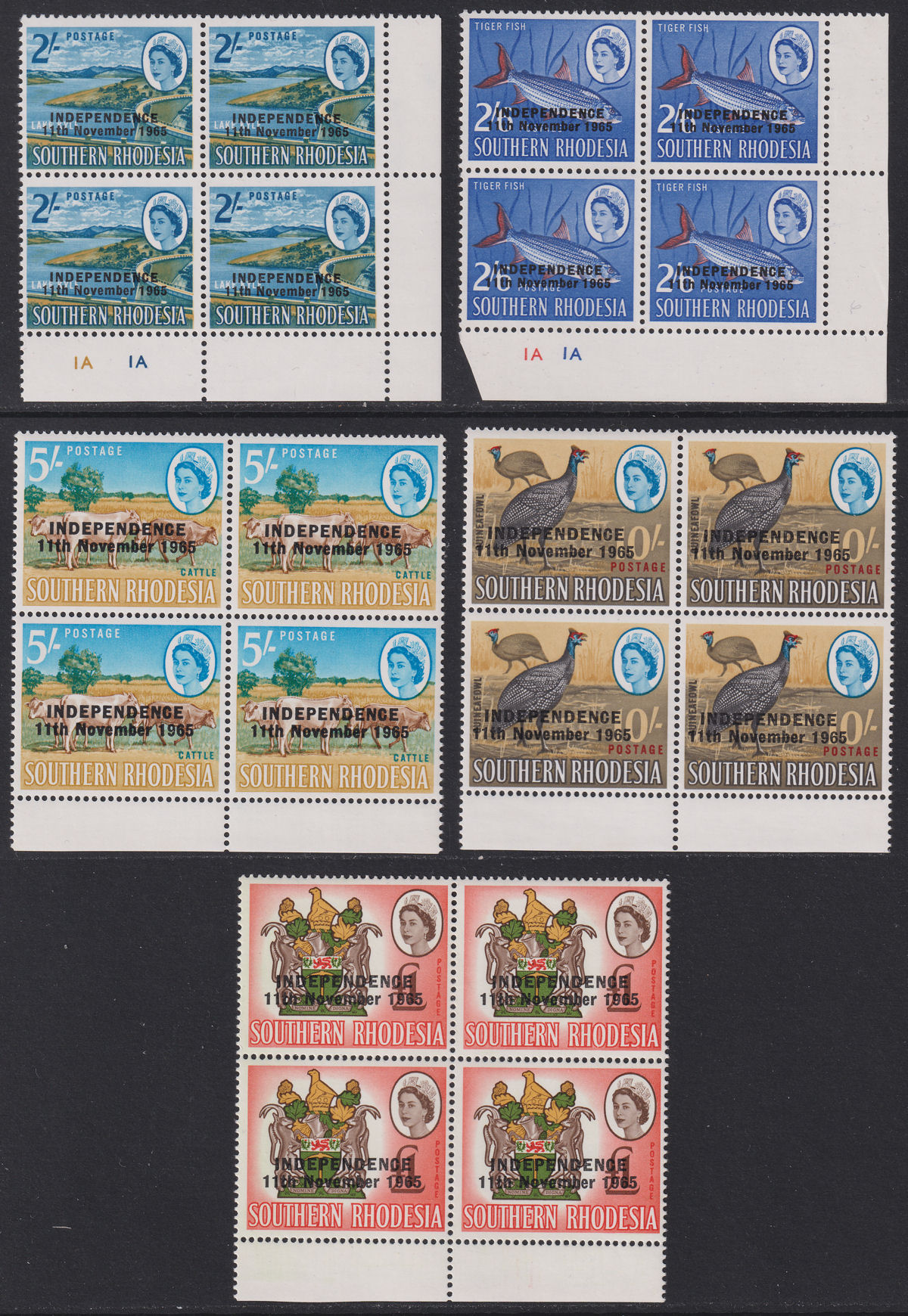 Rhodesia 1966 Independence Overprint Part Block Set to £1 UM Mint