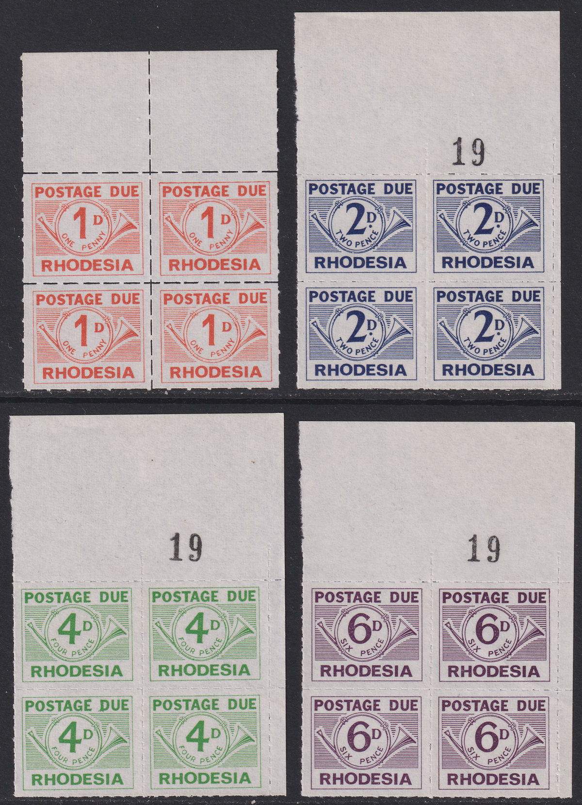 Rhodesia 1965 QEII Postage Due Block Set UM Mint SG D8-D11 MNH w Sheet Numbers