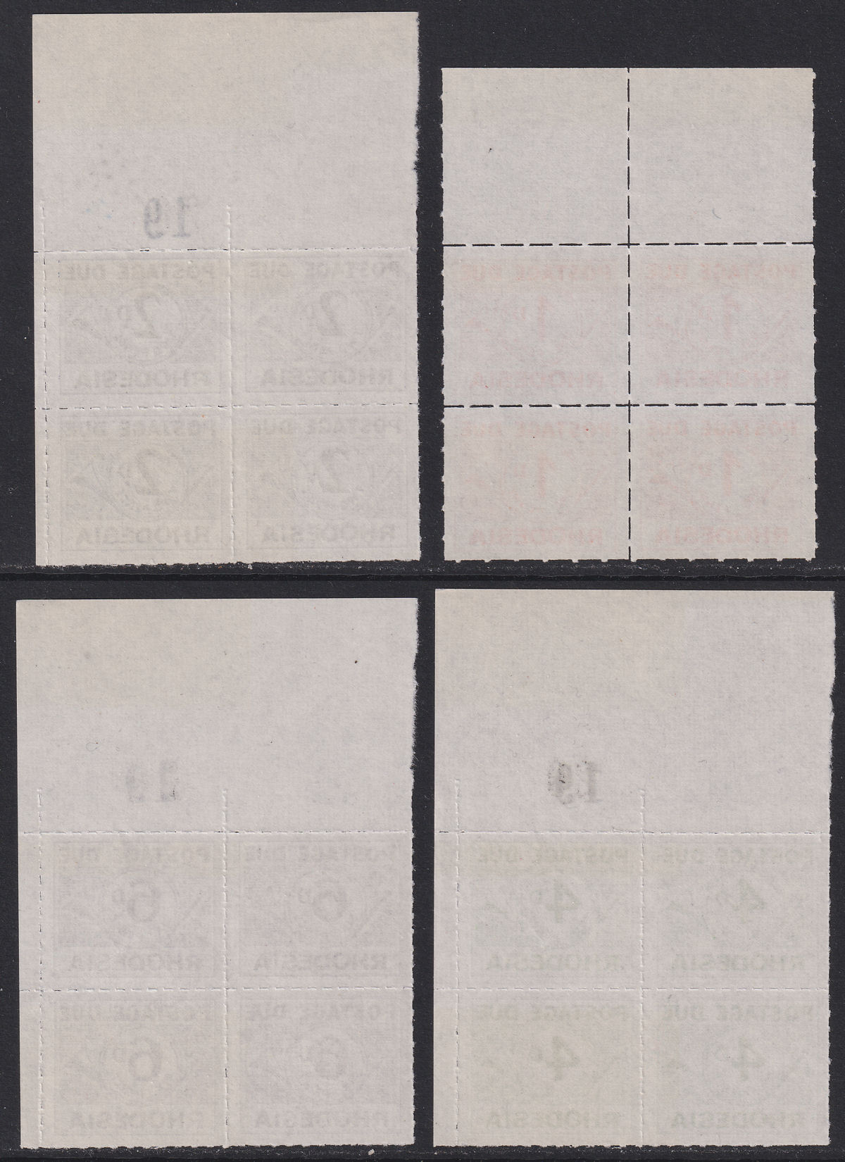 Rhodesia 1965 QEII Postage Due Block Set UM Mint SG D8-D11 MNH w Sheet Numbers