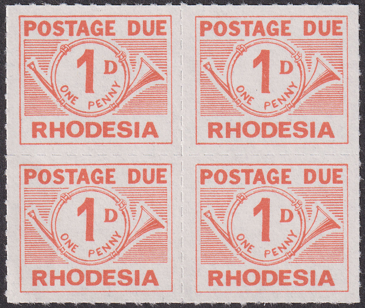 Rhodesia 1965 QEII Postage Due 1d Roulette 9 Block of 4 UM Mint SG D8a cat £24