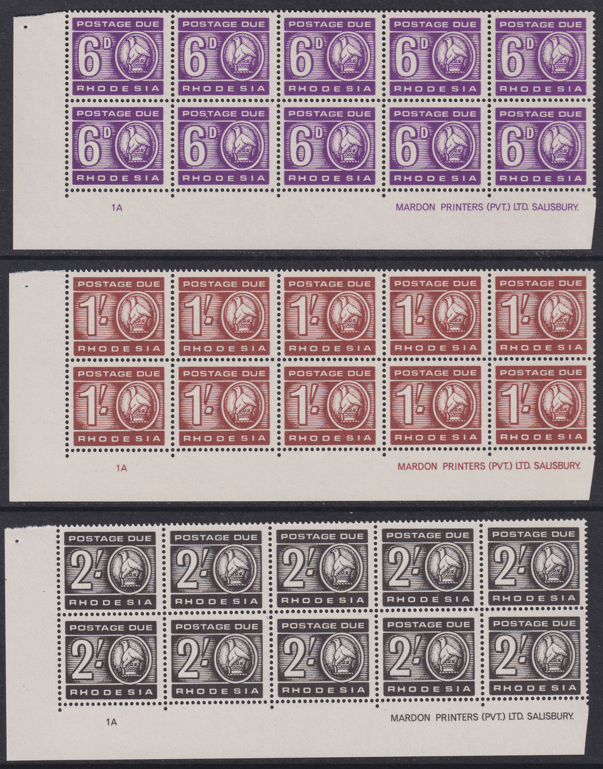 Rhodesia 1966 QEII Postage Due Imprint Block Set UM Mint SG D12-D17 cat £42