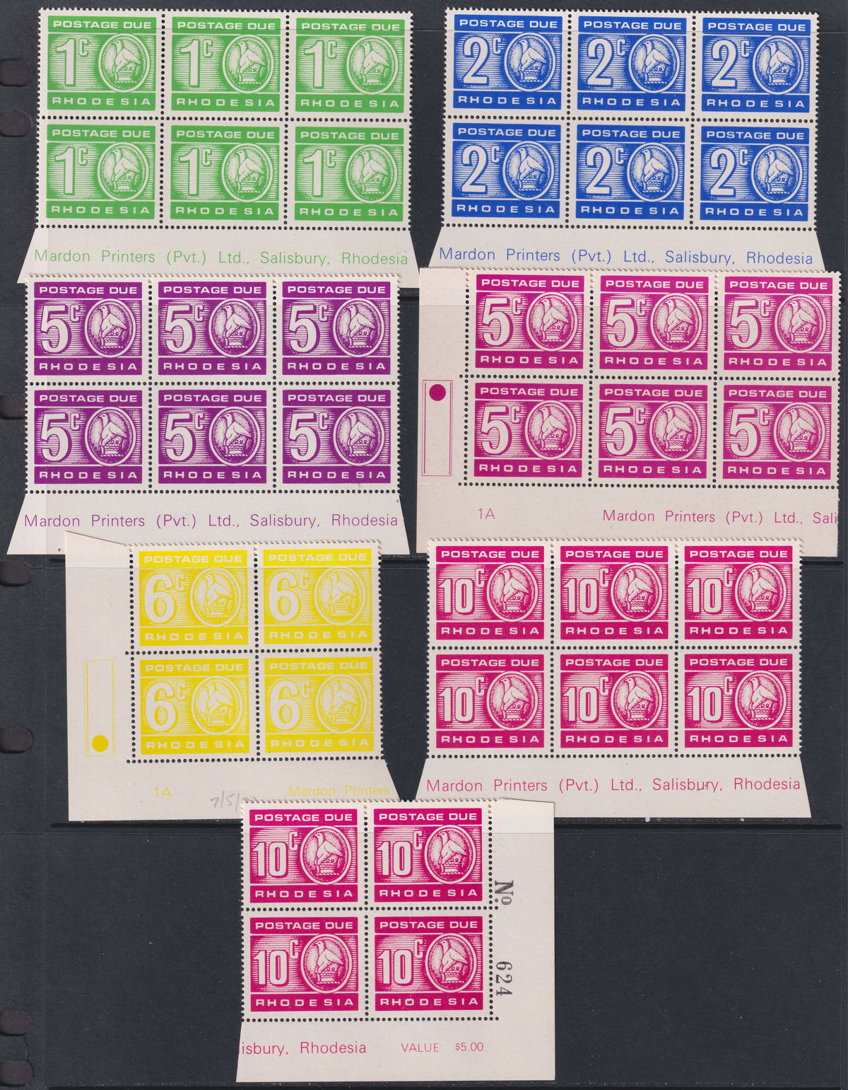 Rhodesia 1970 Decimal Currency Postage Due Imprint Block Set Mint SG D18-D22