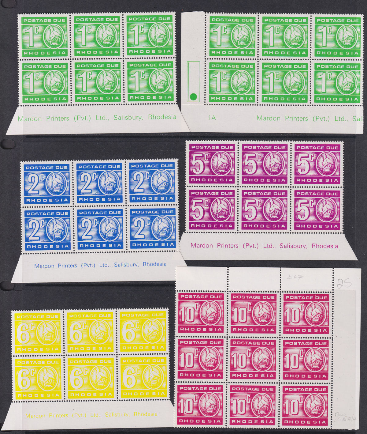 Rhodesia 1970 Decimal Currency Postage Due Imprint Block Set Mint SG D18-D22