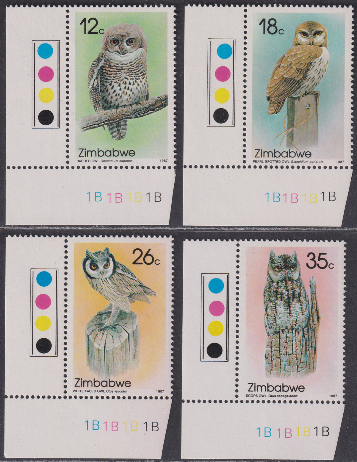 Zimbabwe 1987 Owls (1st Series) Plate Number Set UM Mint SG710-713 MNH