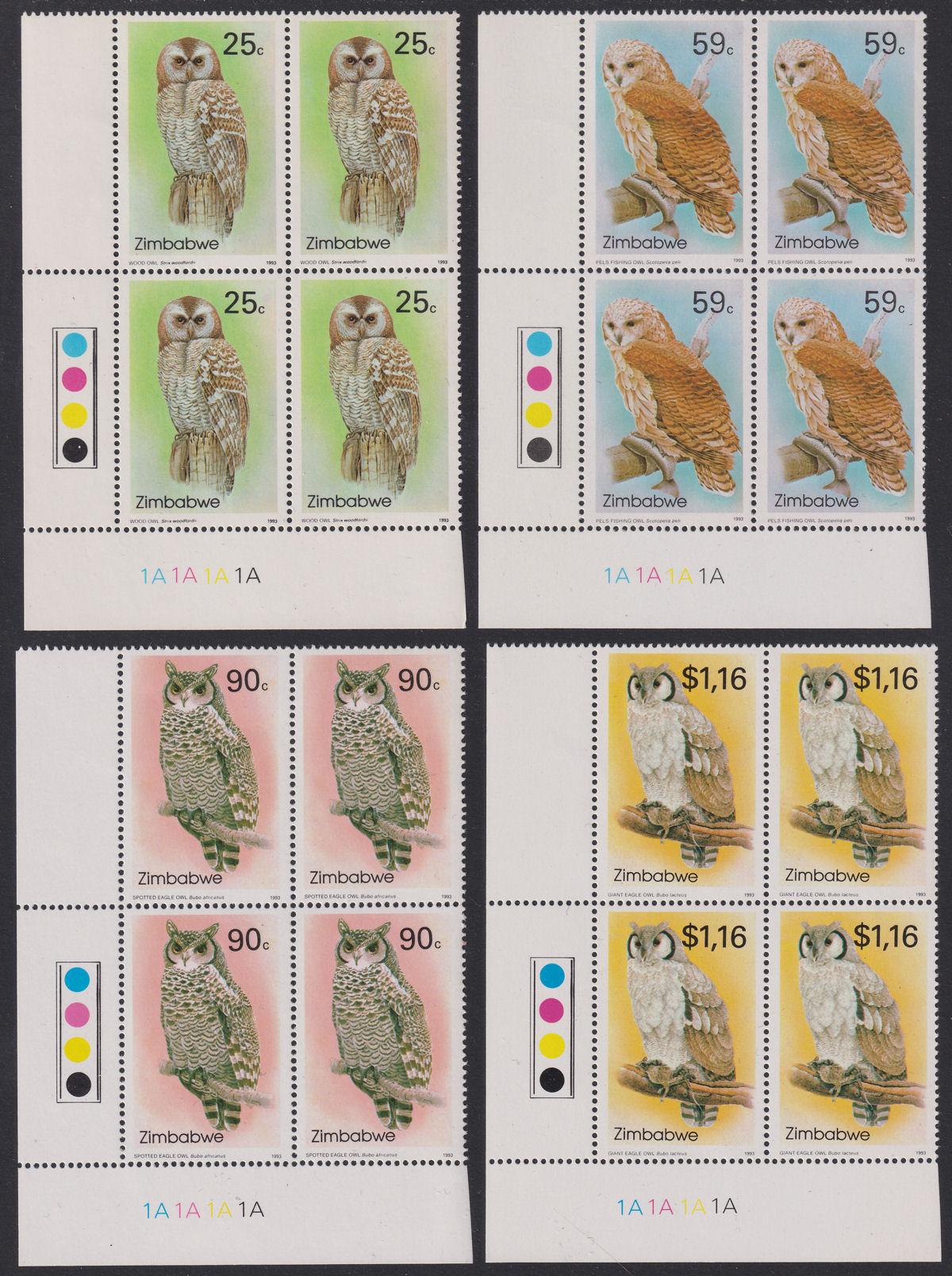 Zimbabwe 1993 Owls 2nd Series Plate Number Block Set UM Mint SG850-853 MNH c£64