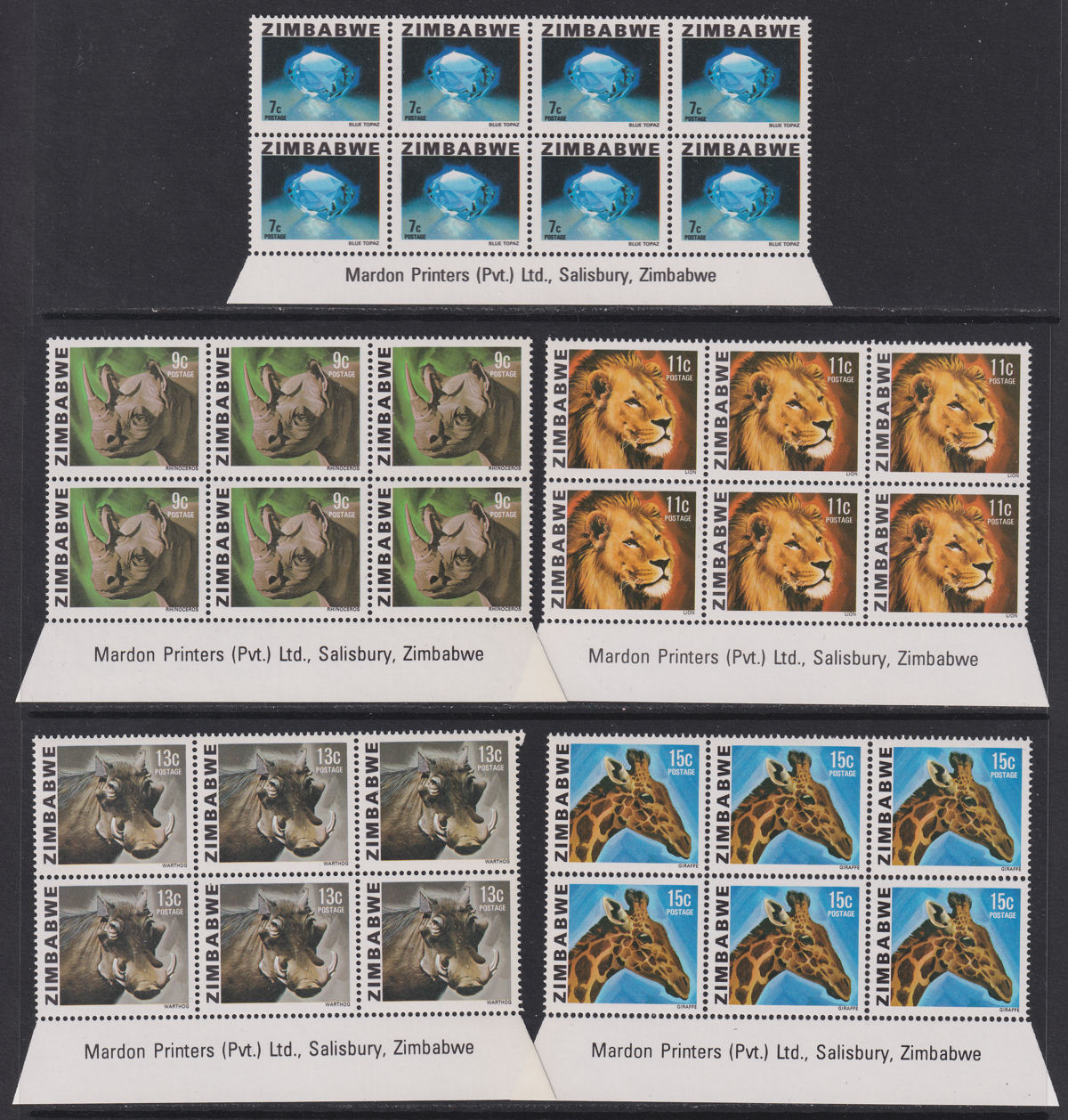 Zimbabwe 1980 Gemstones, Animals, Waterfalls Imprint Block Set UM Mint SG576-590