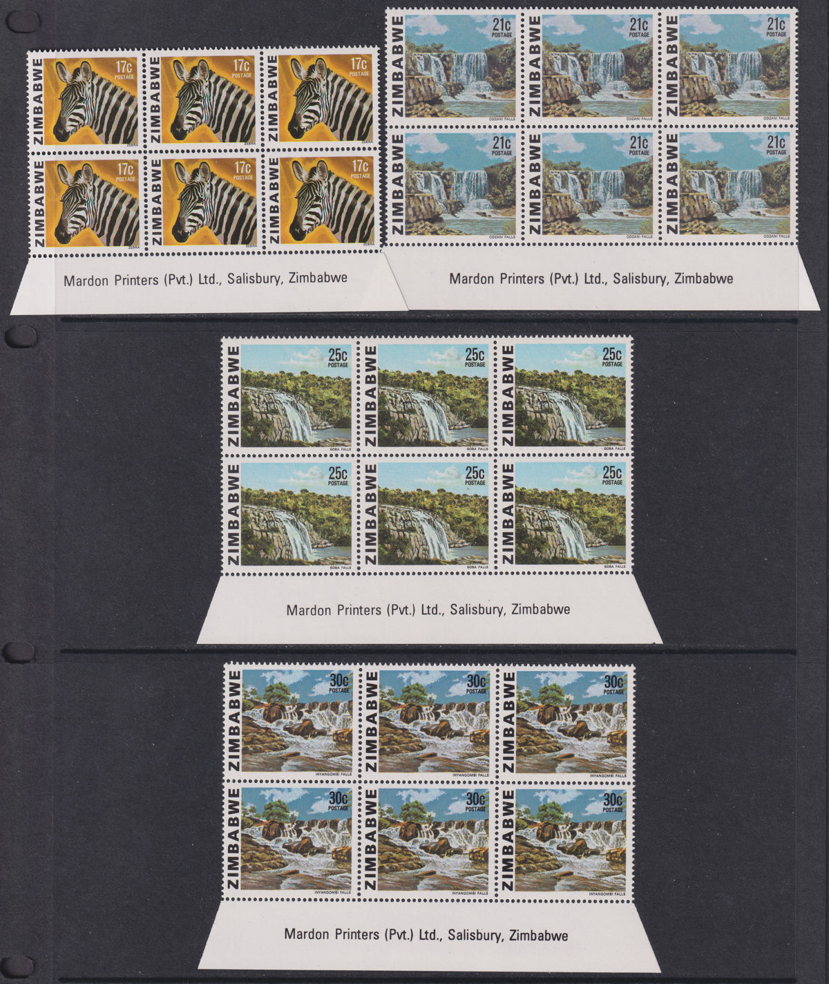 Zimbabwe 1980 Gemstones, Animals, Waterfalls Imprint Block Set UM Mint SG576-590