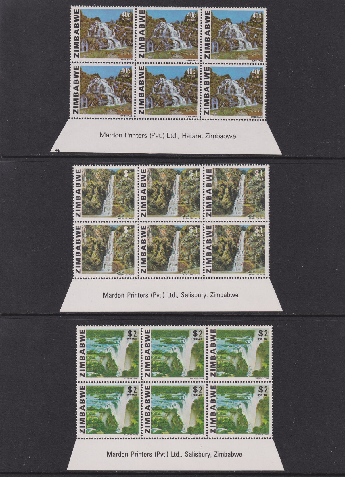 Zimbabwe 1980 Gemstones, Animals, Waterfalls Imprint Block Set UM Mint SG576-590