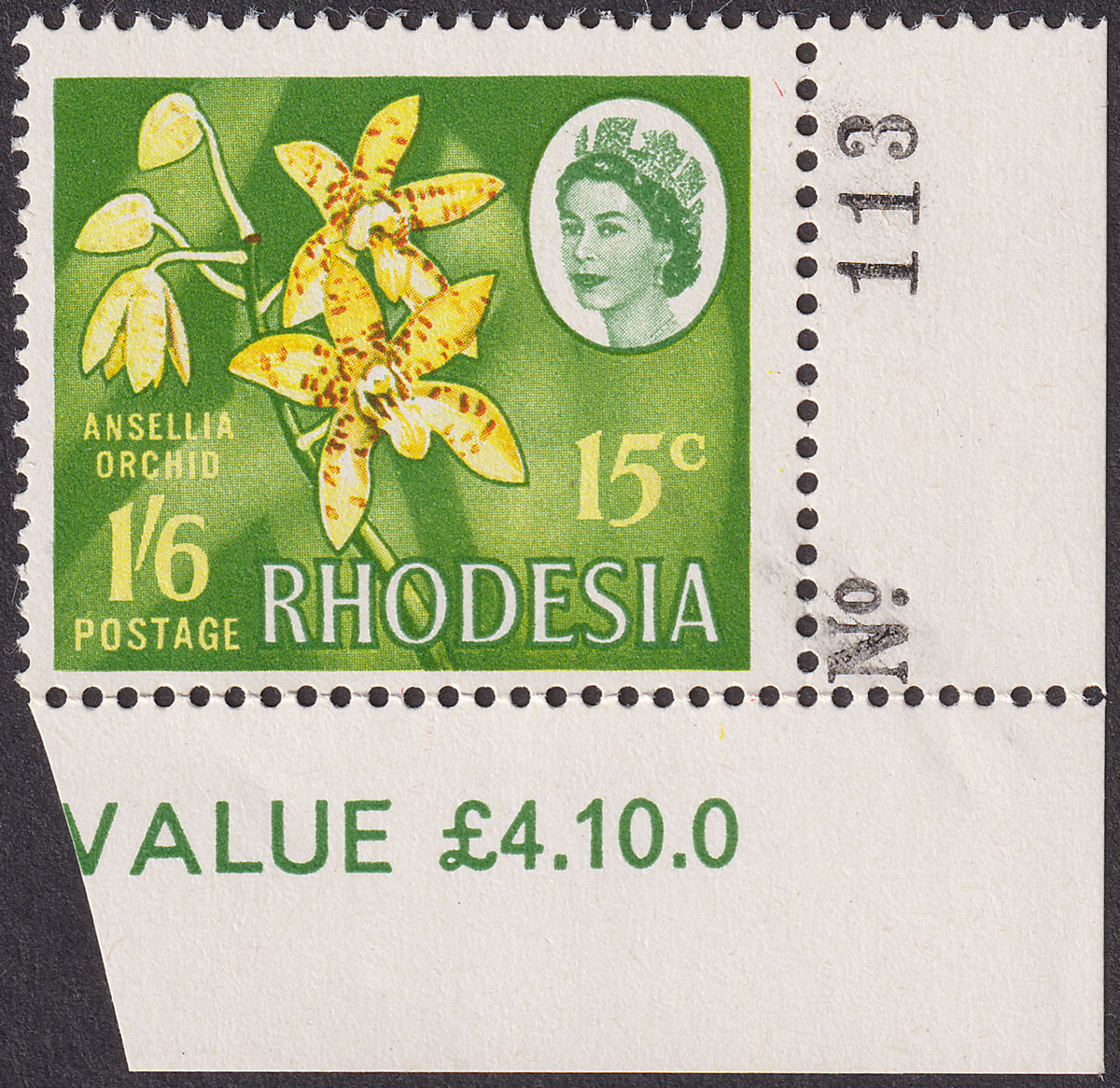 Rhodesia 1968 Dual Currency 1sh6d/15c with Sheet Number UM Mint SG410