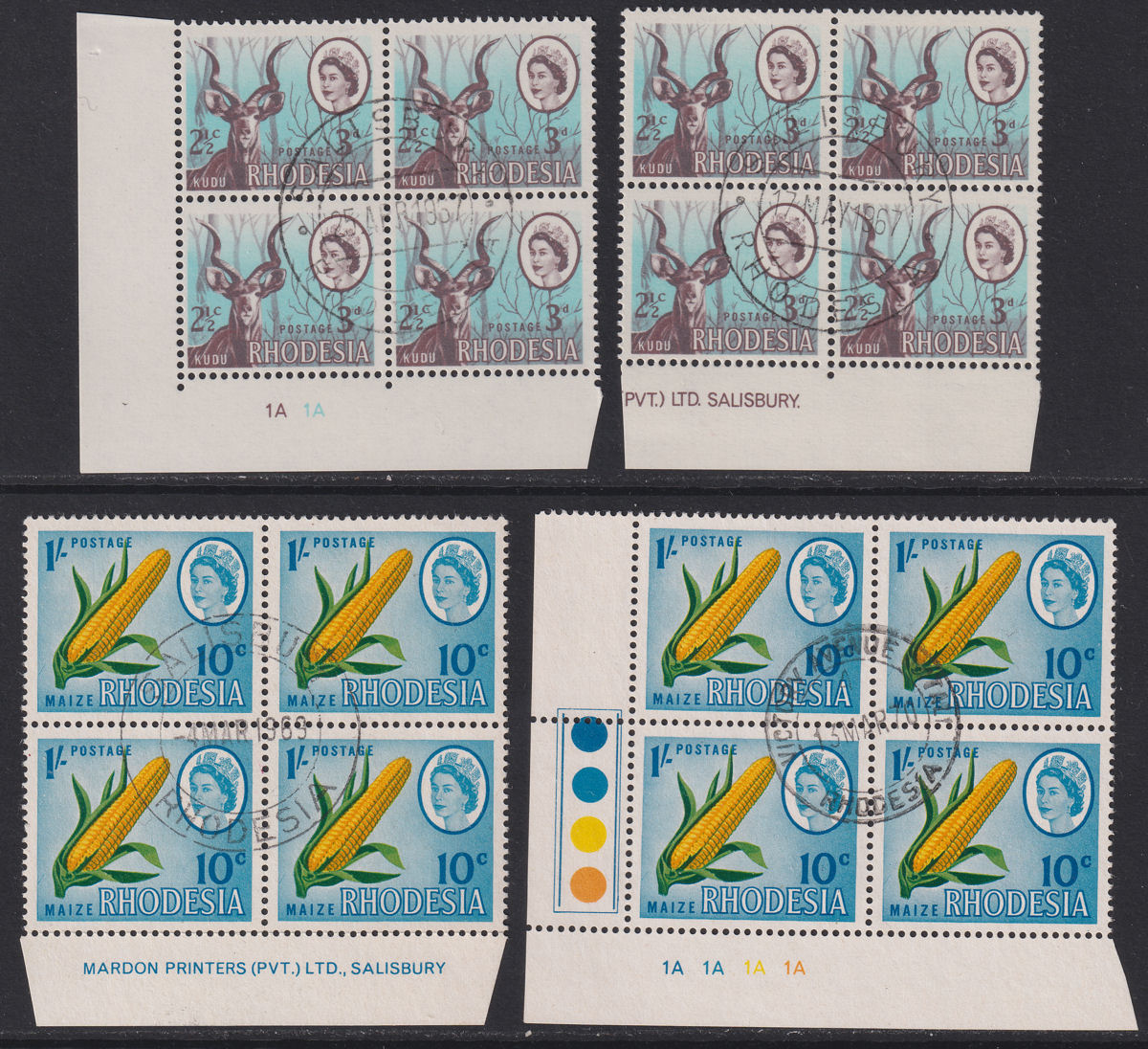 Rhodesia 1967 Dual Currency 2½c, 10c Imprint /Plate No Blocks CTO Used SG408-409