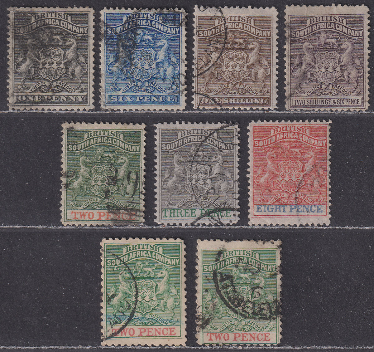 Rhodesia 1892-95 QV BSAC Small Arms Selection to 2sh6d Used