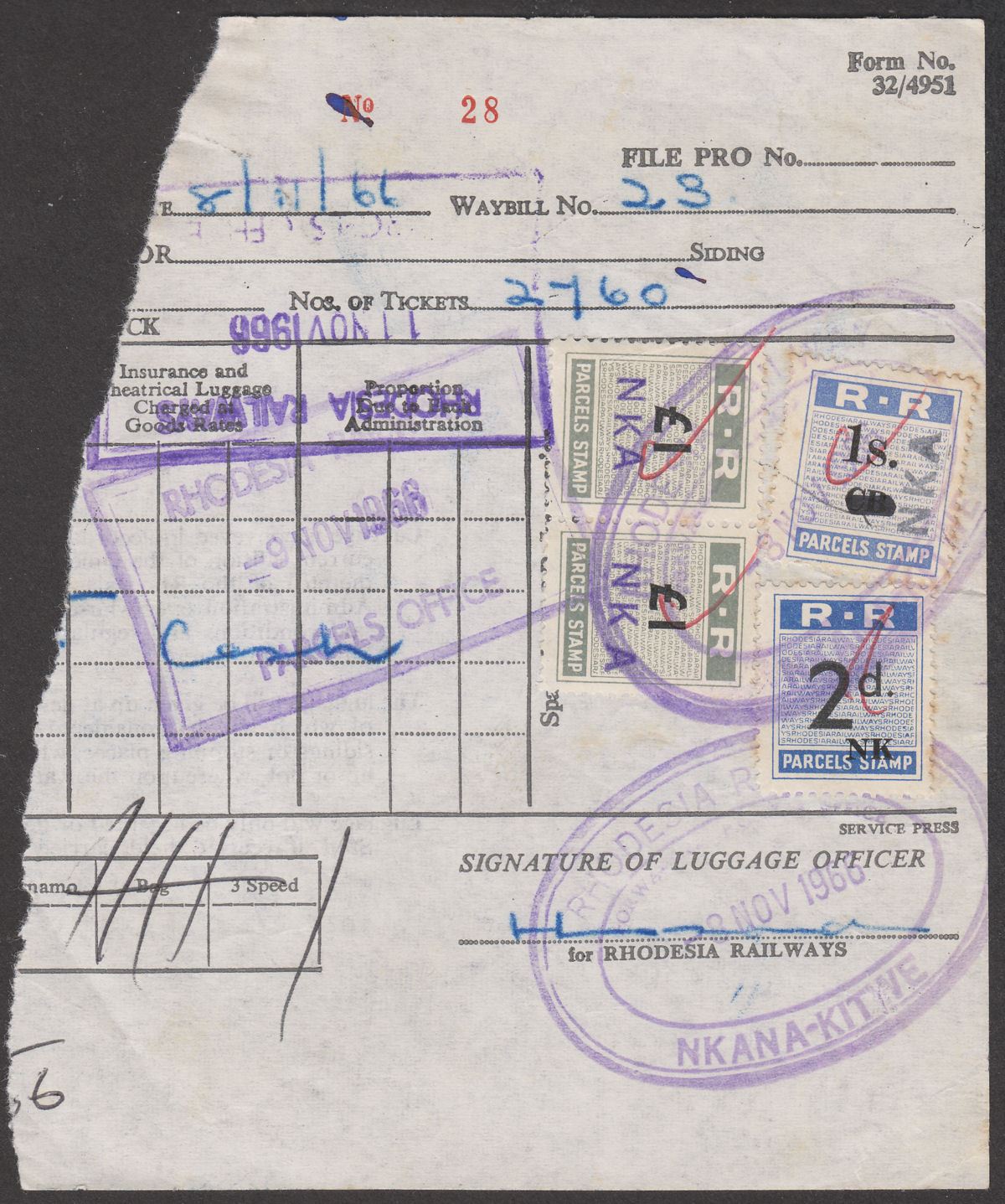 Rhodesia Railways 1966 Parcels NKA £1 x2, NKA on CB 1sh, NK 2d Used on Piece