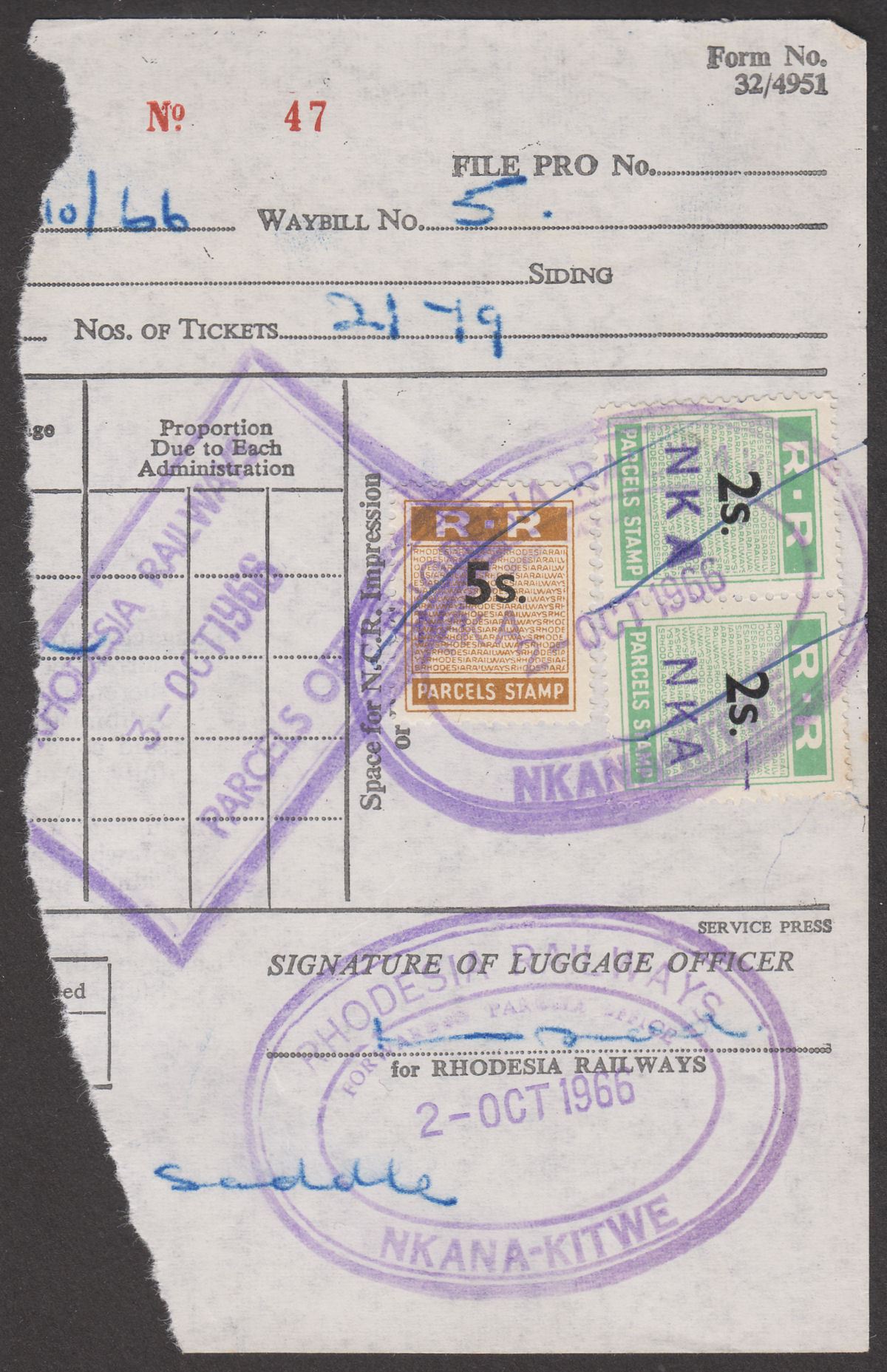 Rhodesia Railways 1966 Parcels NKA 5sh, 2sh Pair Used on Way Bill Piece