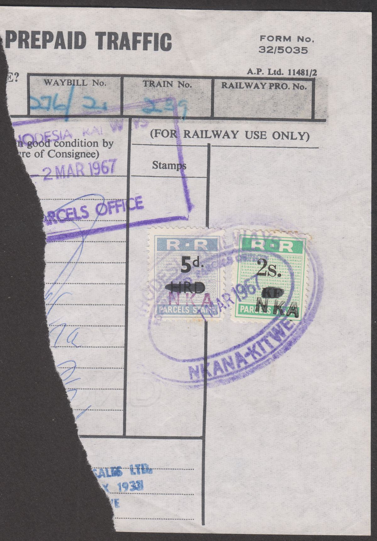 Rhodesia Railways 1967 Parcels NKA on KF 2sh, NKA on HRD 5d Used Way Bill Piece