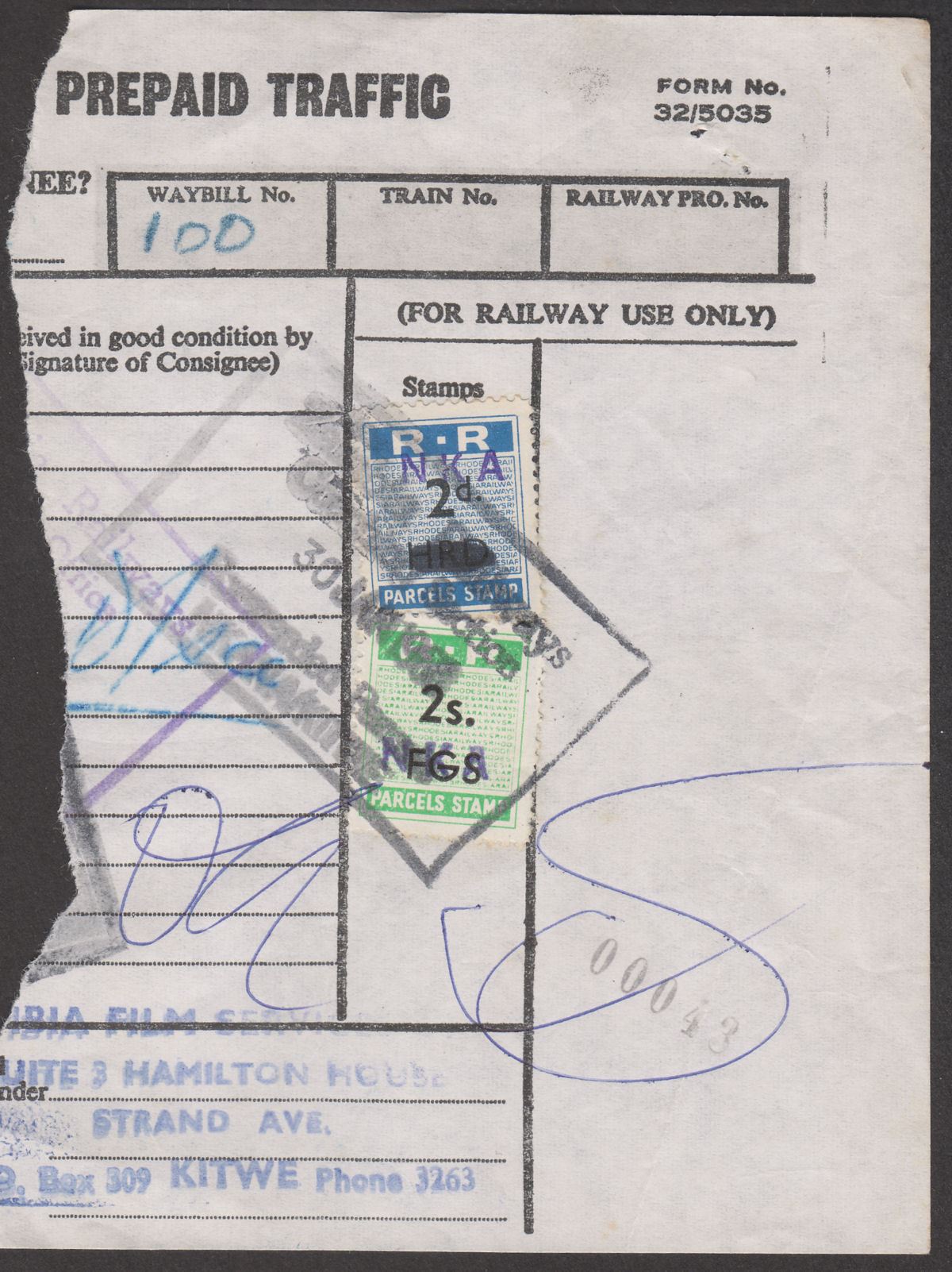 Rhodesia Railways 1968 Parcels NKA on FGS 2sh, NKA on HRD 2d Used Way Bill Piece