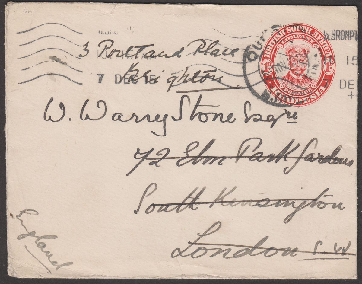 Rhodesia 1915 1d Postal Stationery Cover Used QUE QUE to Brighton, England