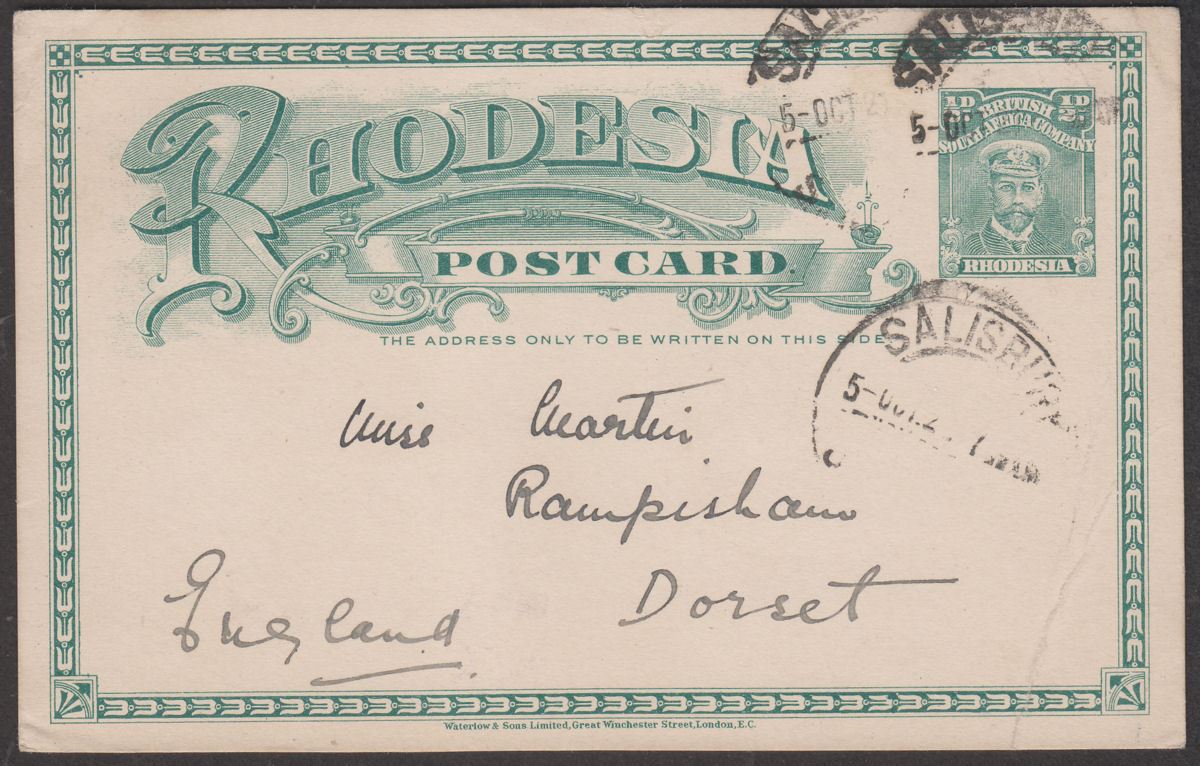 Rhodesia 1921 KGV Admiral ½d Postal Stationery Postcard Used Salisbury to UK
