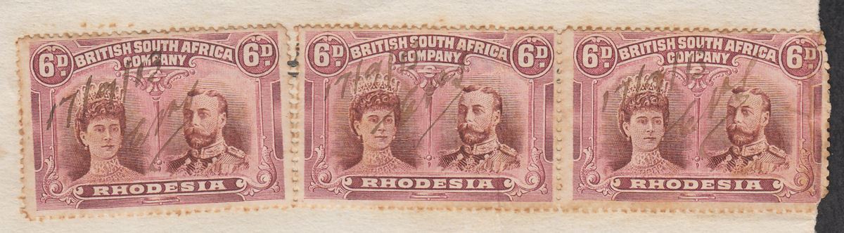 Rhodesia 1917 KGV Double Head 6d, 3d Admiral 6d, 1d Fiscally Used Document Piece