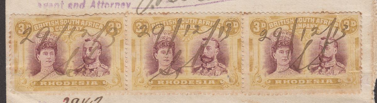 Rhodesia 1917 KGV Double Head 6d, 3d Admiral 6d, 1d Fiscally Used Document Piece