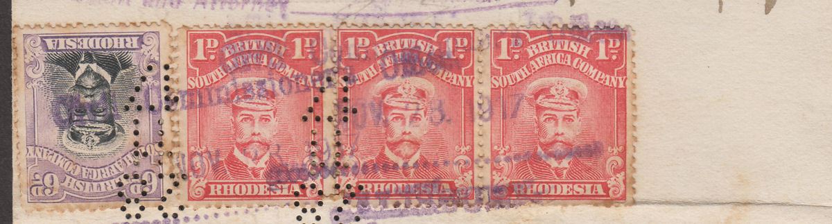 Rhodesia 1917 KGV Double Head 6d, 3d Admiral 6d, 1d Fiscally Used Document Piece