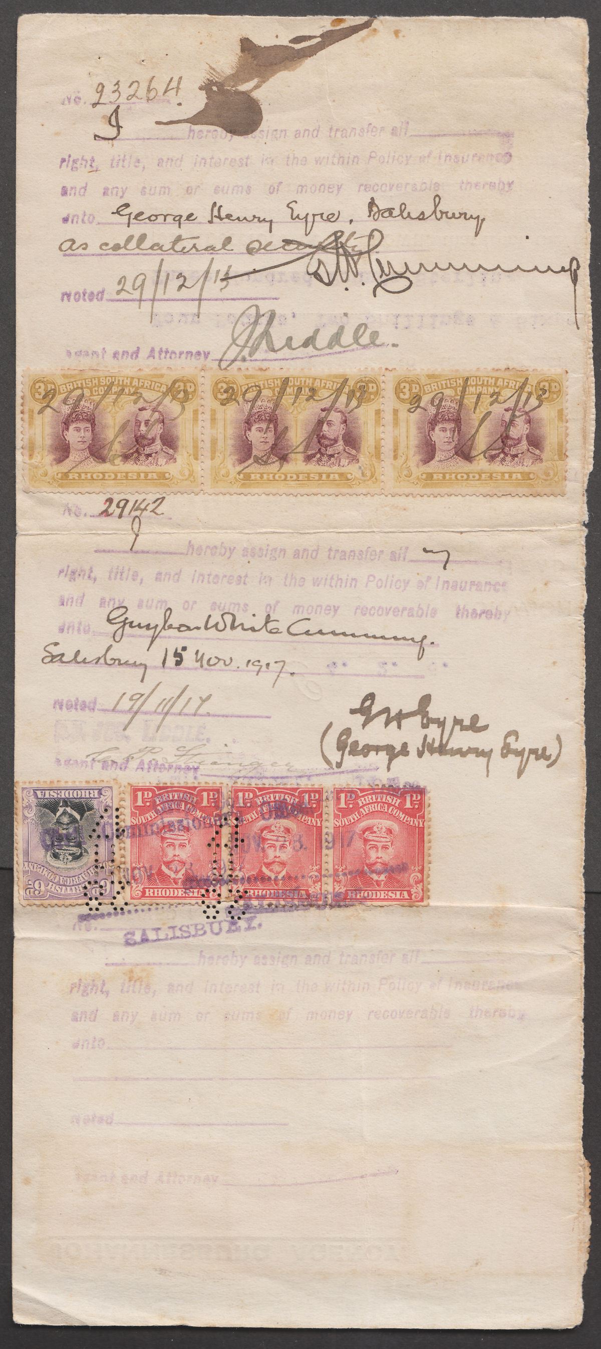 Rhodesia 1917 KGV Double Head 6d, 3d Admiral 6d, 1d Fiscally Used Document Piece