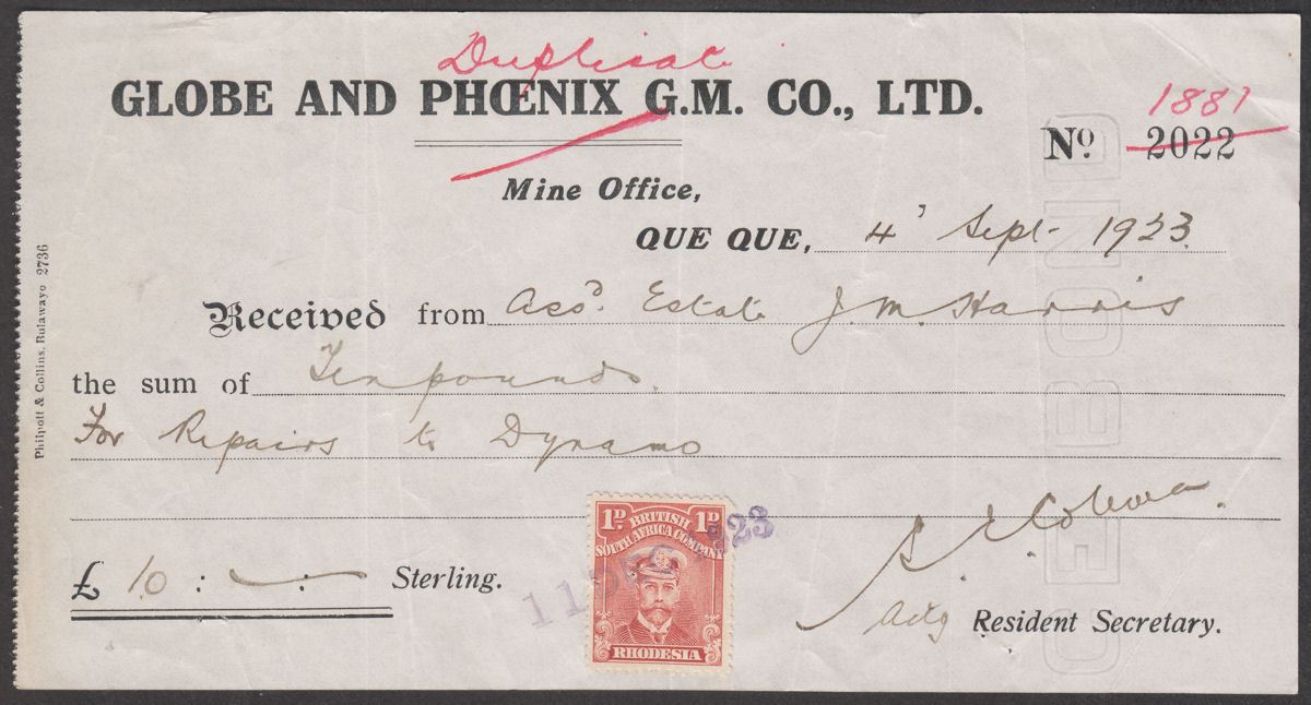 Rhodesia 1923 KGV Admiral 1d Fiscally Used on Globe and Phoenix Mine Receipt