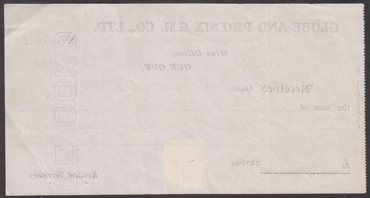 Rhodesia 1923 KGV Admiral 1d Fiscally Used on Globe and Phoenix Mine Receipt