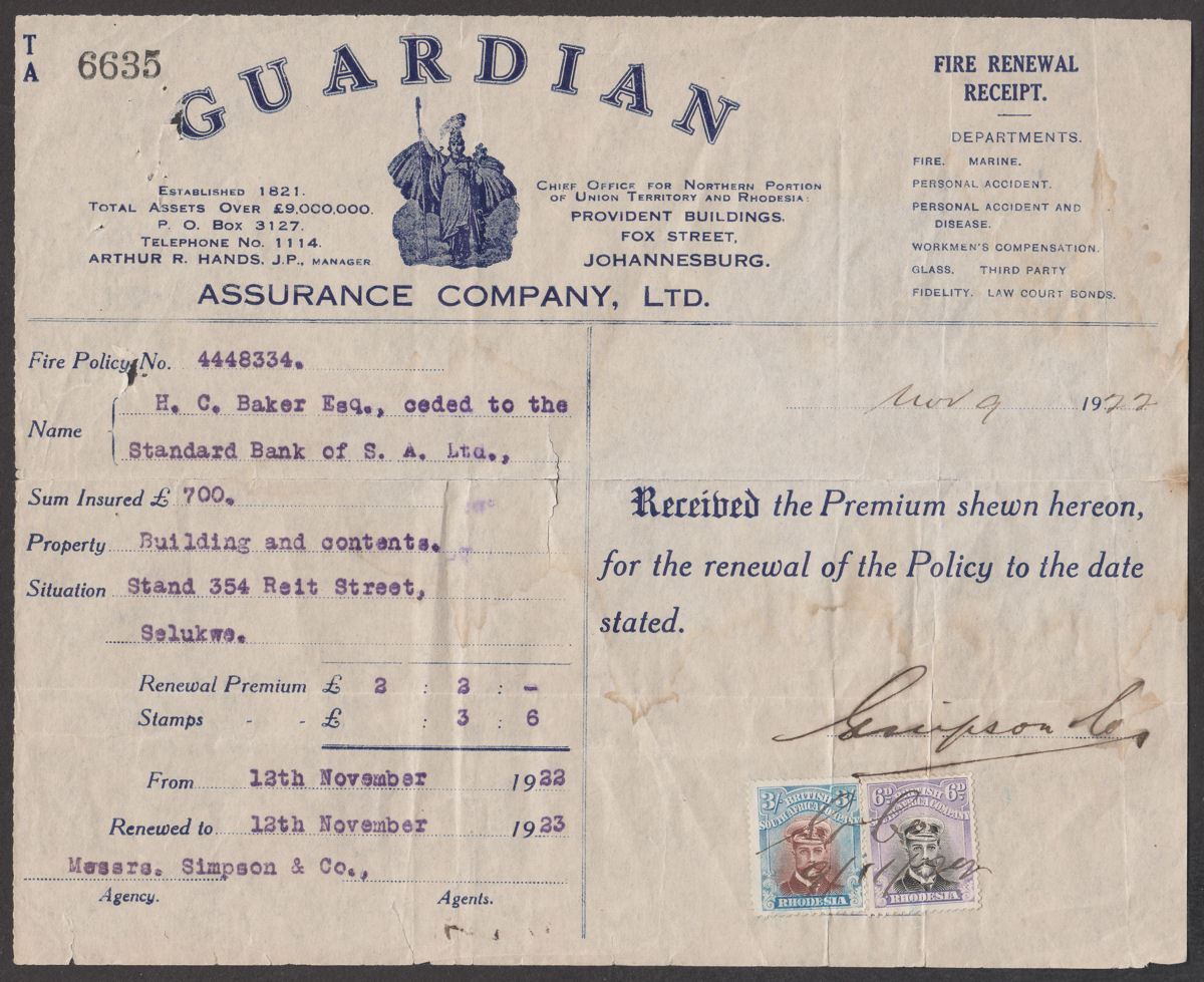 Rhodesia 1922 KGV Admiral 3sh, 6d Fiscally Used on Guardian Assurance Co Receipt