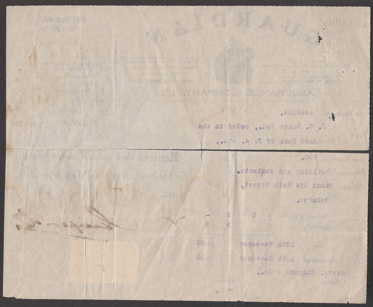 Rhodesia 1922 KGV Admiral 3sh, 6d Fiscally Used on Guardian Assurance Co Receipt