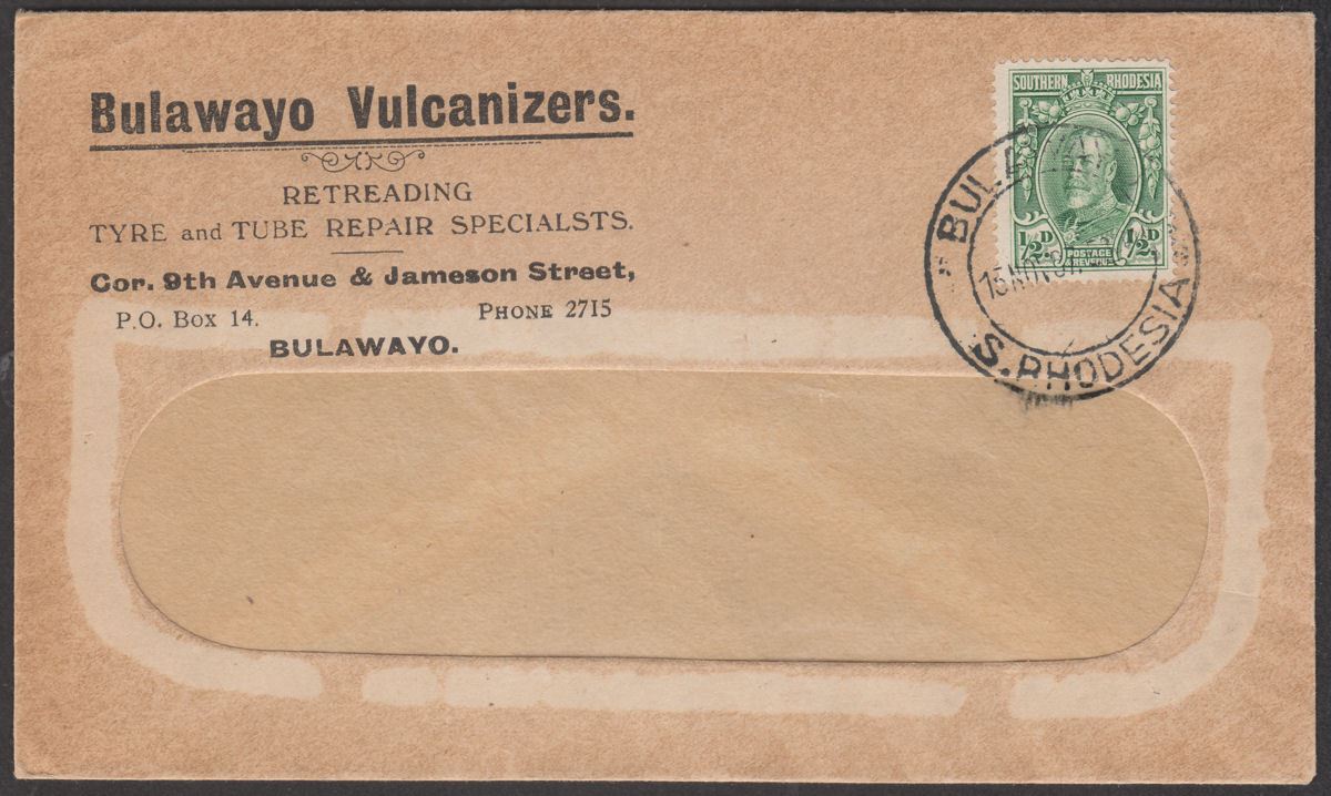 Southern Rhodesia 1937 KGV Field Marshal ½d Used on Bulawayo Vulcanizers Cover