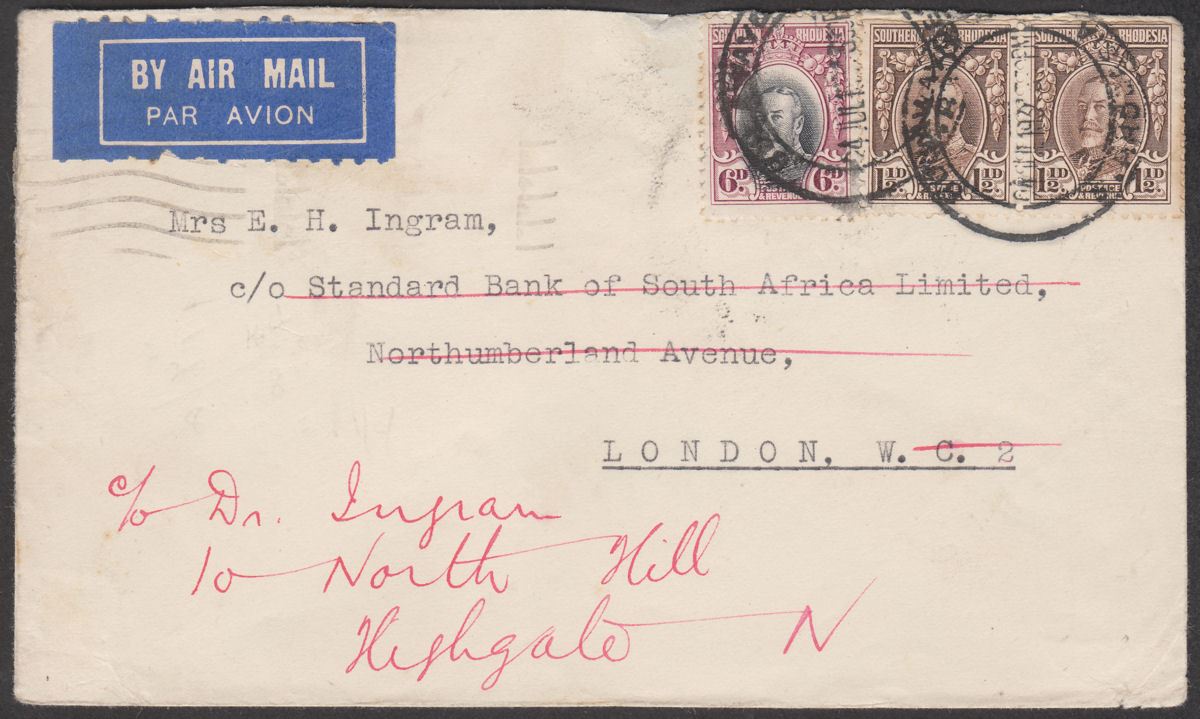 Southern Rhodesia 1934 KGV Field Marshal 6d, 1½d x2 Used on Airmail Cover to UK