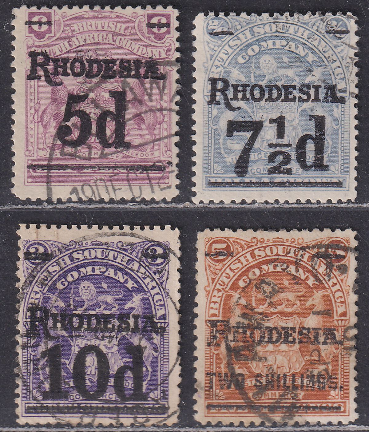Rhodesia 1909 King Edward VII Mono Arms Surcharge Set Used SG114-118 cat £38