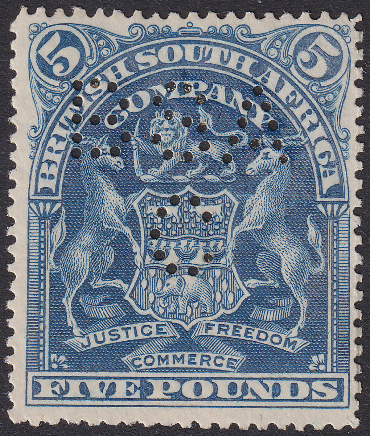 Rhodesia 1901 QV BSAC £5 Deep Blue Perfin Fiscal Used SG92 cat £3250 as mint
