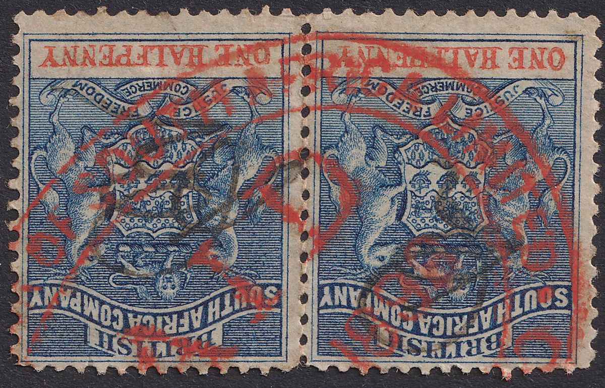 Rhodesia 1892 QV BSAC Small Arms ½d Blue + Vermilion Pair Fiscally Used SG18