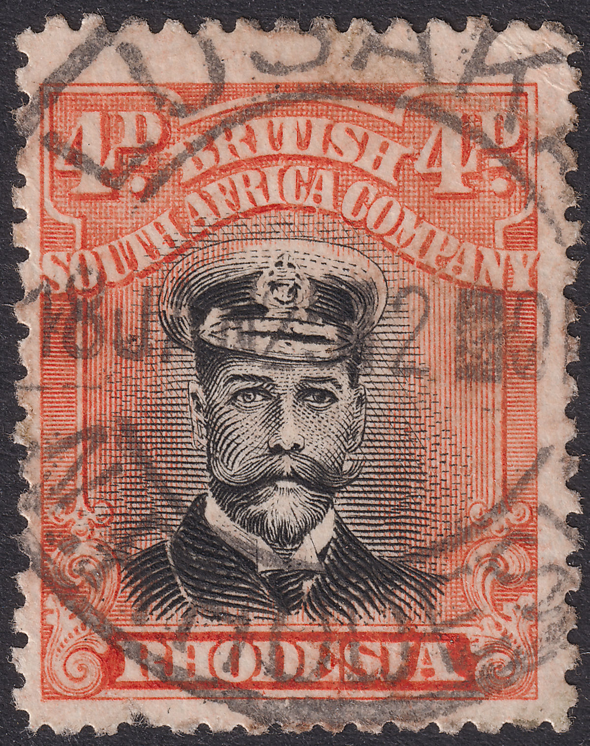 Rhodesia 1925 KGV Admiral 4d Blk + Red p14 Used SG261 LUSAKA BLANKS Year + Hour