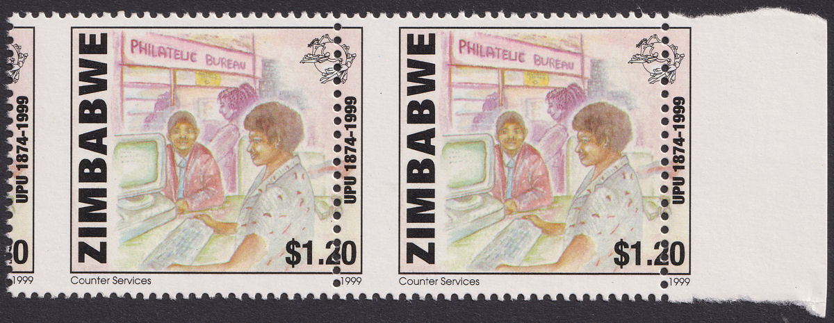 Zimbabwe 1999 UPU $1.20 Pair with Spectacular Misperforation Mint SG980var