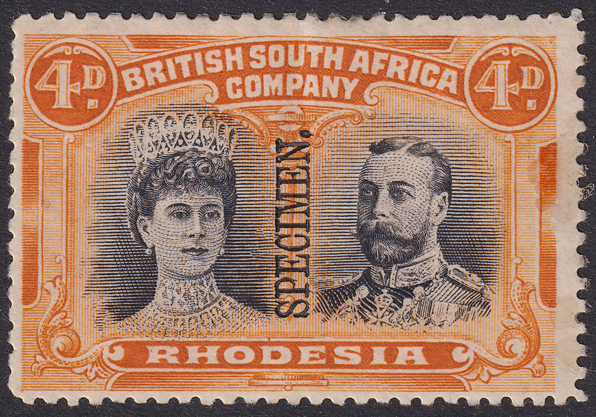 Rhodesia 1910 KGV SPECIMEN Double Head 4d Black and Orange Mint SG140s DAMAGED
