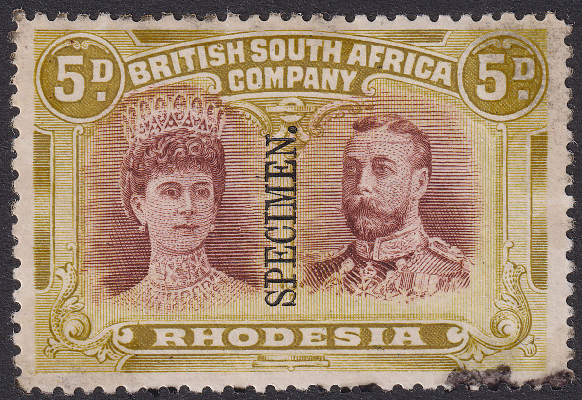 Rhodesia 1910 KGV SPECIMEN Double Head 5d Prp-Brn + Ol-Yl Mint SG141as DAMAGED