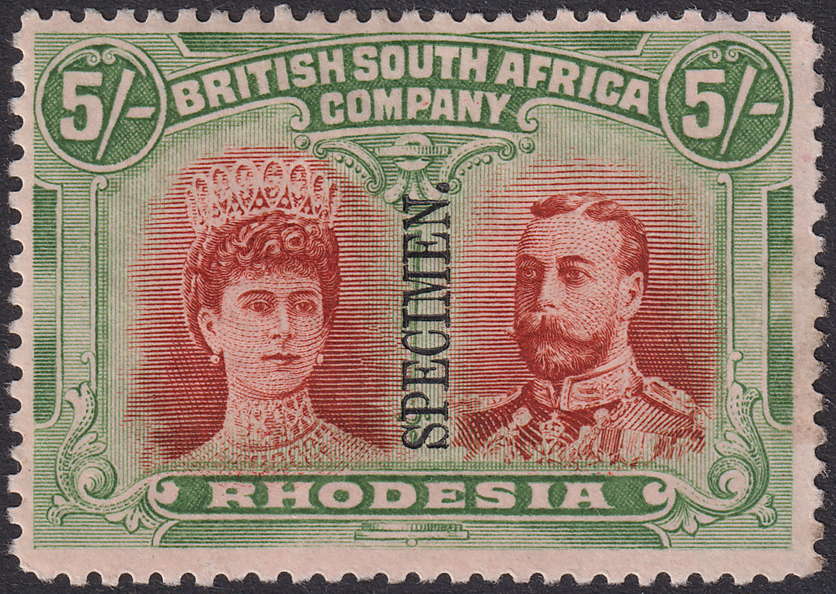 Rhodesia 1910 KGV SPECIMEN Double Head 5sh Vermilion + Green Mint SG159s DAMAGED